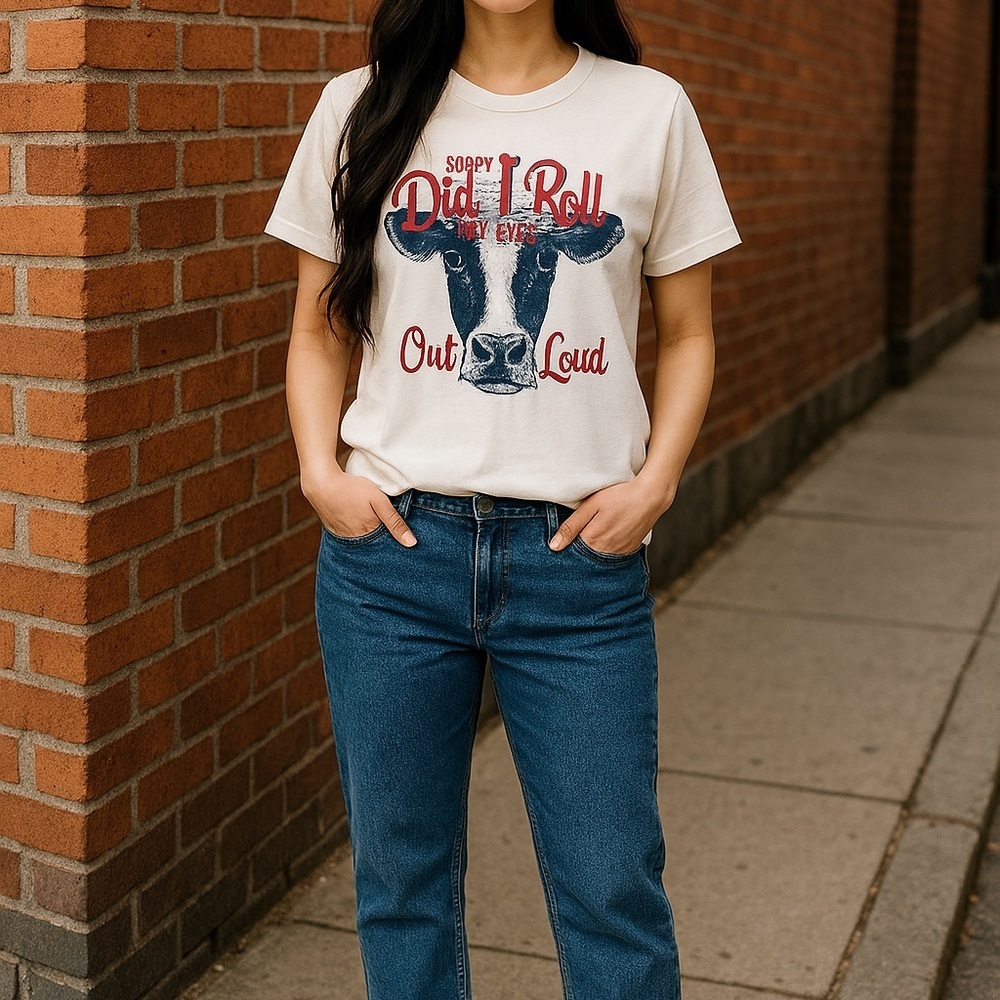 Gildan Women's L White T-Shirt Cow Design "Sorry Did I Roll My Eyes…Out Loud - Picture 4 of 5